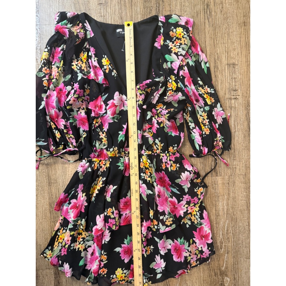 Yumi Kim Hailey Dress Paradise Villa Black Floral Mini Puff Sleeve‎ Size L - Picture 6 of 9